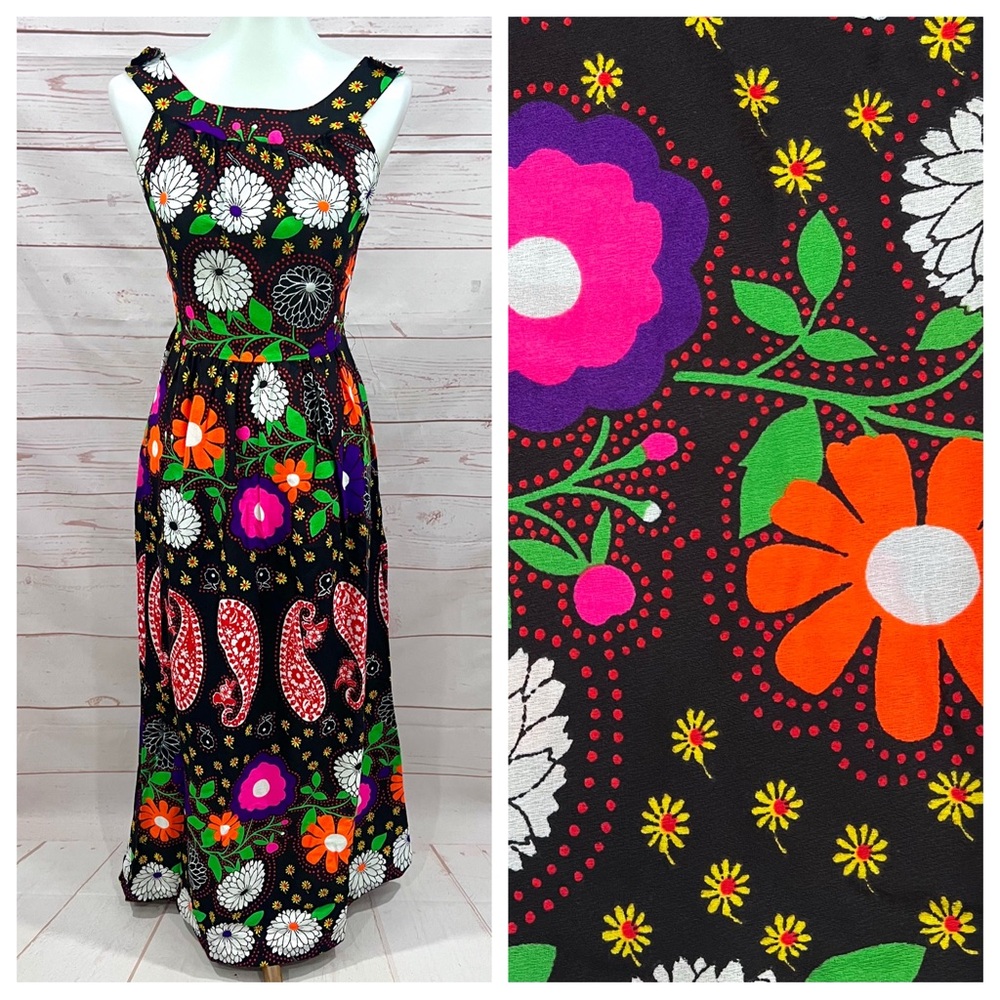 Vintage Bright Retro Neon 60’s Mod Floral Paisley Overall Backless Maxi Dress - Picture 1 of 12